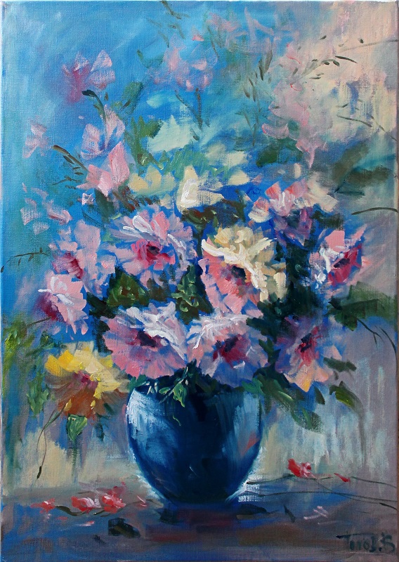 Синяя ваза и пионы